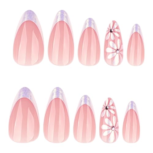 Image of White French Tip Press on Nails Flower Fake Nails Medium Almond Nail Press ons with Glitter Design Reusable Glossy Full Cover Stick on Nail for Women Manicure 24Pcs