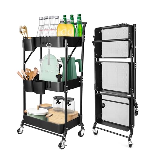 Amatic Beistellwagen 3 Etagen Küchenregal klappbar Servierwagen mit Rollen Metall-Stauraumwagen Küchenwagen mit Griffen Rollwagen Küche Trolley Kunststoff Platzsparendes Badregal Schwarz