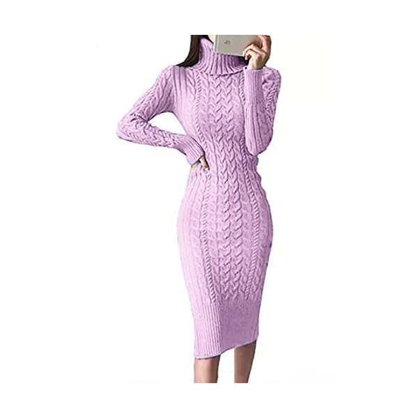 Fangetey Womens Long Sleeve Turtleneck Sweater Dresses Knitted Bodycon Midi Sheath Jumper Dresses, Purple, Medium