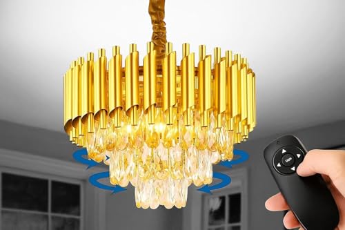 Image of RD.Enterprises|| Modern Crystal 3-Tier Gold Chandeliers | Bluetooth Remote Control and Speaker, Colour Changing | Moving Round | Ceiling Light Fixture for Living Room (Remote Full Gold, 400MM)