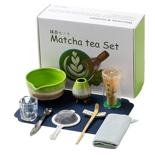 LZM-DIEWLEI Japanese Matcha Tea Set 10 Pcs Ceramic Matcha Bowl, Ceramic Whisk Holder, Matcha Whisk, Scoop, Sifter, Matcha Caddy, Tea Making Kit, Handmade Japanese Tea Ceremony Matcha Tea Kit(B)