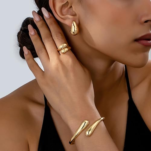 Gold Bangle Bracelet Teardrop Earring Rings Sets for Women Teens, 14K Plated Trendy Chunky Adjustable Jewelry Sets Gift2