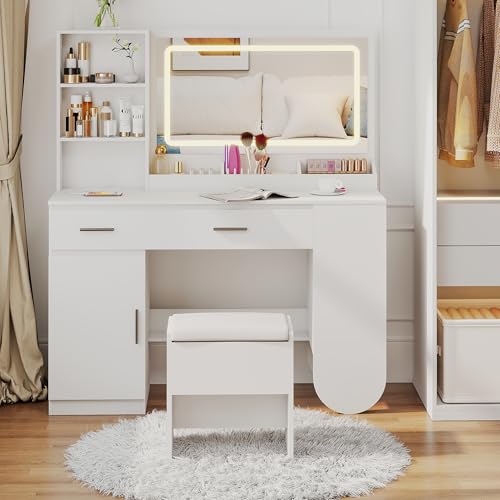 Image of 47'' Wood Vanity Desk with Mirror and Lights, Makeup Girls Vanity Set with 2 Drawers, 2 Storage Shelves & 1 Cabinet, Power Outlet, Stool, Furniture Clearance Outlet Dressing Table for Bedroom, White