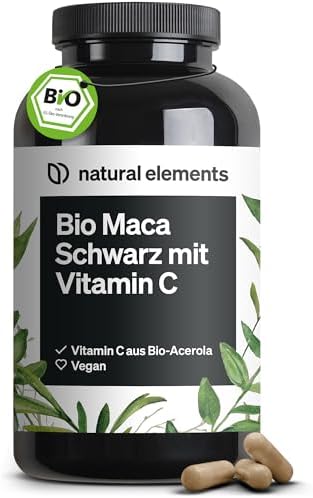 natural elements Bio Maca Schwarz – 180 Kapseln – 3000mg je Tagesdosis – mit natürlichem Vitamin C – biozertifiziert, hochdosiert, vegan, laborgeprüft