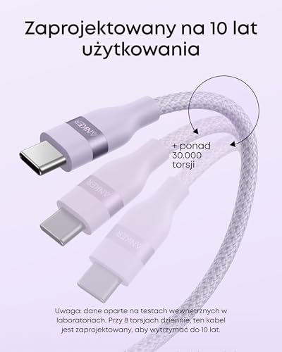 Anker USB C do USB C, 240 W Kabel do Szybkiego Ładowania, Pleciony Upcycle, Typ C dla iPhone 16/16 Pro/16 Plus/16 Pro Max, MacBook Pro, iPad Pro, iPad Air 4, Galaxy S24 i Więcej (Fioletowy, 1,8 m)