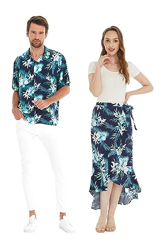 Matchable Couple Hawaiian Luau Shirt or Wrap Skirt in Orchid Breeze Navy