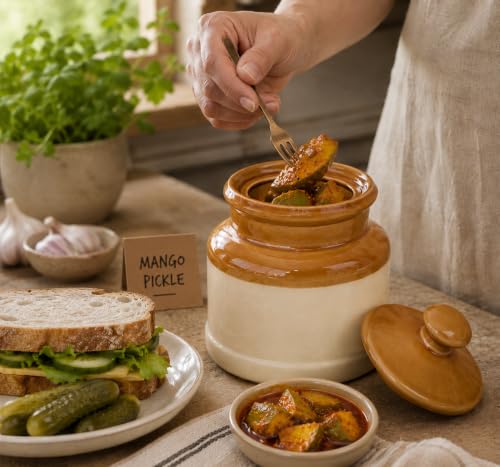 Image of Pure Source India Ceramic Pickle Jar with Lid | Airtight Ceramic Storage Container for Pickles, Chutney, Spices & Dry Snacks | Glossy Handmade Kitchen Storage Jar (1, litres)