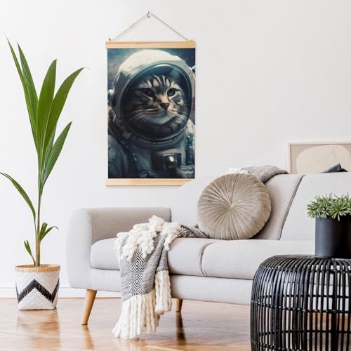 Impression sur toile chat astronaute avec suspension bois chic
