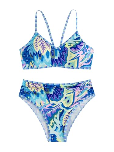 Verdusa Women's 2 Piece Tropical High Waisted Bikini Set Cheeky Swimsuits Hawaiian Outfits Purple Medium
