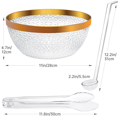 NiHome Gold Trim Clear Plastic Punch Bowl with Ladle and Tong for Parties, Weddings, BBQs, 1.35 Gallon Beverage Serving Bowl Complete Set for Cocktails, Salads, Snacks, Dishwasher Safe & Easy to Clean
