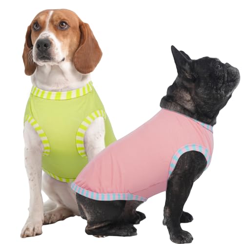 IECOii 2 Pack Sleeveless Dog Tees Shirt | Comfortable & Lightweight Fabric, Easy On/Off for Active Dogs, Pink+Green, L Large(Chest:18.1 in) Pink+Green