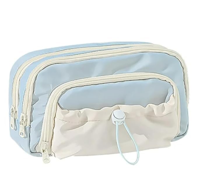 Image of Canvas School Bag Pencil Case, 3 Layer 6 Compartment Large Capacity, Aesthetic Pencil Pouch for Stationary, Cute Stationery for Kids, Pencil Case for Girls & Boys (Dori-Sky Blue)
