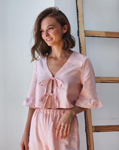 Image of Argeousgor Women Plaid 2 Piece Pajama Set Button Down Puff Sleeve Babydoll Shirt Gingham Pants Pj Lounge Set Sleepwear