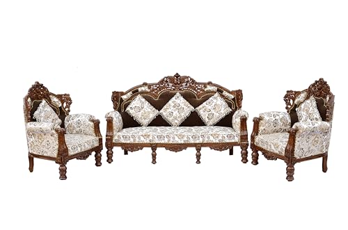 Image of Wooden 5 Seater Sofa Set | 3+1+1 Solid Wood Hand-Carved White Brown Sofa | Traditional Design Furniture for Living Room | Home | Office Seating