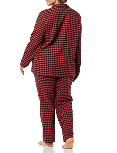 Amazon Essentials Damen Flanell-Schlafanzug mit Shirt mit Langen Ärmeln und Knopfleiste vorne und Hose, Rot Schwarz Buffalokaros Muster, M