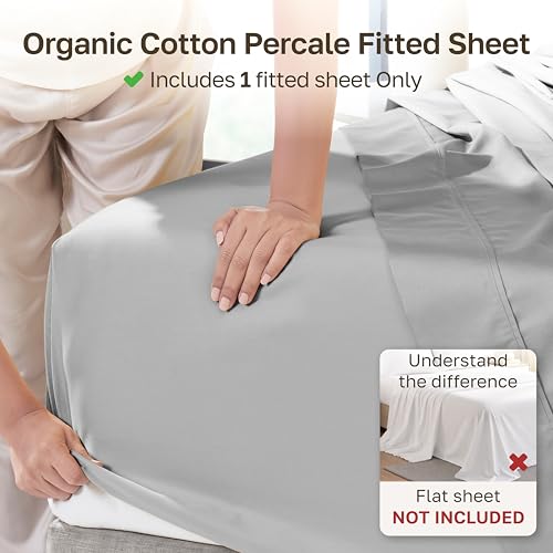 Image of California Design Den 100% Organic Cotton Queen Fitted Sheet Deep Pocket | GOTS Certified, Crisp & Airy Percale, 15 inch Deep Pocket, All-around Elastic, No-Pop Fit, Durable, Easy Care - Light Grey