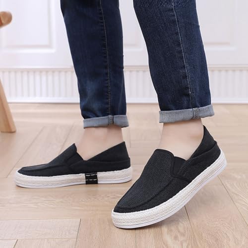 MILDSEVEN Handmade Men's Simplicity Linen Shoes, Casual Traditional Chinese Canvas Shoes, Fashion Comfortable Retro Loafers,7,Black4