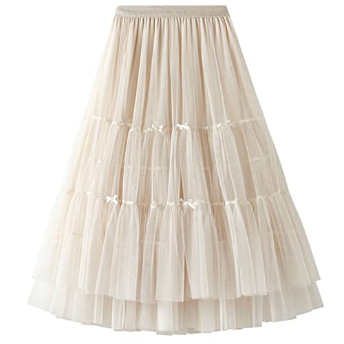 LBKKC Women Tulle Skirt Beige, Slim A-Line Fairy Elastic Waist Tulle with Bows Tea Length Layered Tulle Midi Skirts,One Size