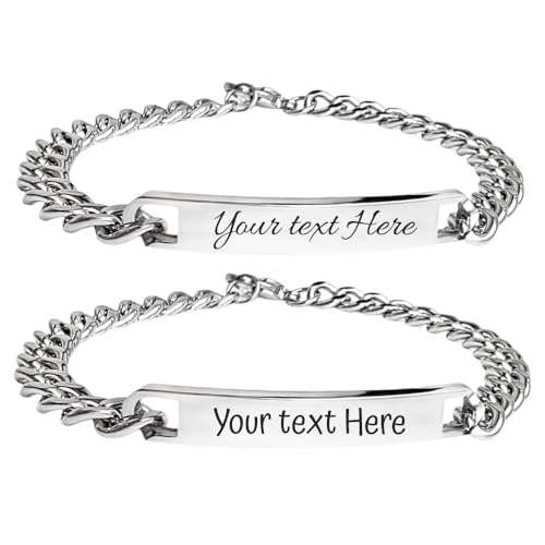 2Burned 1xPersonalised Stainless Steel Bracelet for Women & Men – Custom Engraved Text, Name, or Date – Silver Chain Bracelet, Gift for Mum, Dad, Wife, Husband or Friend (Men’s bracelet)