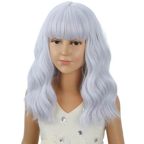 Image of Kids Silver White Wig Girls Short White Wavy Curly Wigs Child Wig with Air Bangs Synthetic Cosplay Hair Wigs