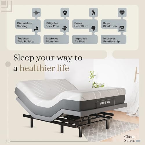 Image of Sven & Son Classic Adjustable Bed Base, Head and Foot Lift, Massage, Under-Bed Lights, USB, Gel Memory, Zero Gravity Smart Frame - Full + 10 inch Memory Foam Matt (Firm)