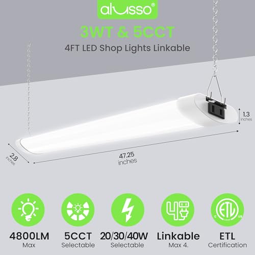 Image of ALUSSO LED Shop Lights 4FT for Garage, 4800LM Adjustable 20W /30W /40W, 5CCT 2700K 3000K 4000K 5000K 6500K, 120V, Warm to Cool Daylight Linkable Shop Lights for Workshop, ETL, 2 Pack