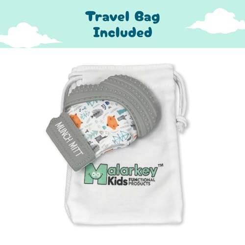 Image of Malarkey Kids Patented Teething Mitten, Munch Mitt Baby Chew Toy - Protects Hands from Chewing & Saliva, Heals Aching Gums, Promotes Sound & Visual Stimulation for Babies - Grey Fox