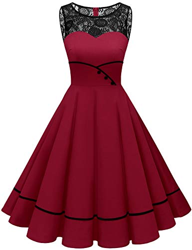 Bbonlinedress brautjungfernkleider Rockabilly Kleider Damen Sommerkleider damenabendkleider Petticoat Kleid Kleid Hochzeit gast cocktailkleid Damen Vintage Kleid Dark Red S