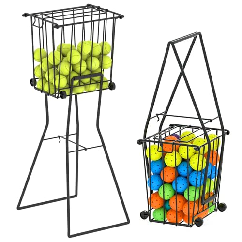 wasoyun Tennis & Pickleball Hopper with Wheels â€“ Ball Pick Up Basket, Pickleball Ball Retriever Ball Holder Storage Holds 75 Tennis Balls & 50 Pickleballs