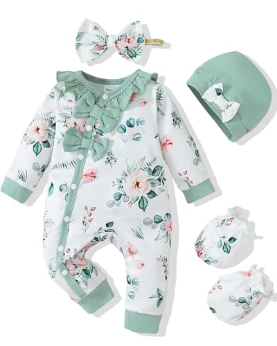 Image of Mikrdoo Newborn Infant Baby Girl Clothes Fall Winter Outfits Long Sleeve Zipper Rompers with Headband