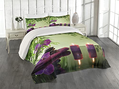 Ambesonne Spa Coverlet, Stones Aromatic Candles and Orchids Blooms Treatment Vacation, 3 Piece Decorative Quilted Bedspread Set with 2 Pillow Shams, King Size, Purple Green