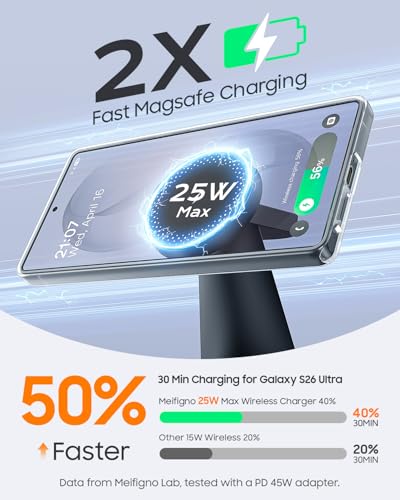 Image of Meifigno Magnetic Wireless Charger for Samsung, 3 in 1 Charging Station Compatible with MagSafe Samsung Charger 25W Max for Galaxy S26 Ultra, Charger Stand for Galaxy Watch Ultra 8 7, with 45W Adapter
