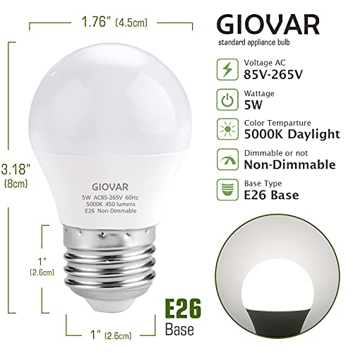 Giovar 2-Pack Led Refrigerator Light Bulbs 40 Watt Equivalent 120V, A15 Appliance Light Bulb Daylight 5000K For Fridge, E26 Base, Waterproof, Non-Dimmable #TOP1