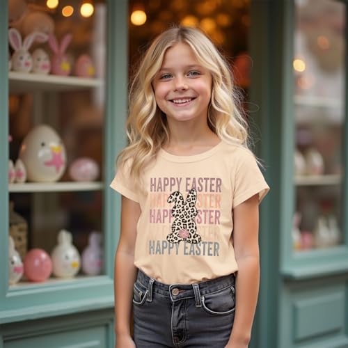 Kid Girls Easter Shirts Happy Easter T-Shirt Funny Leopard Bunny Outfit Short Sleeve Tees Tops Holiday Clothes 7-12Y4