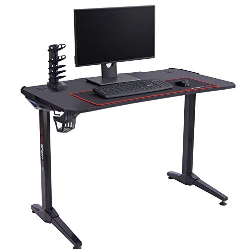 Gamingtisch Competition mit Blauer LED Beleuchtung Gamingschreibtisch Computertisch mit praktischem Getränkehalter Kopfhörerhalter schwarz