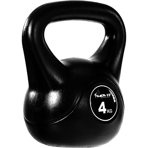 MOVIT Kettlebell BASIC BLACK, Kugelhantel mit Bodenschonender Kunststoffhülle, 1 bis 20 kg, Schadstoffgeprüft, 4 kg