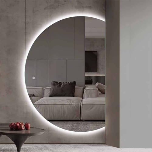 Modern Smart Bathroom Mirror with Touch Switch, Frameless LED Lighted Defogging Half Circle Mirror, Tri-Color Dimmable Illumination (Right, 35")