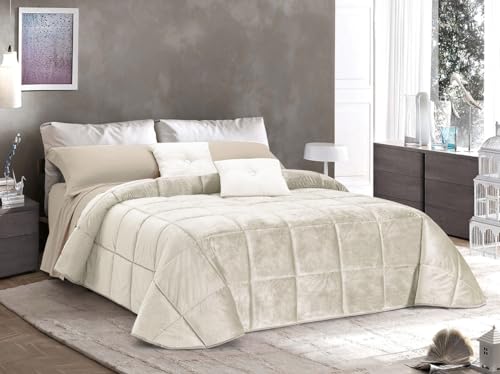 Cieffepi Home Collections - Edredón de terciopelo para cama individual o de matrimonio (Matrimonio 260x270 cm, Crema)