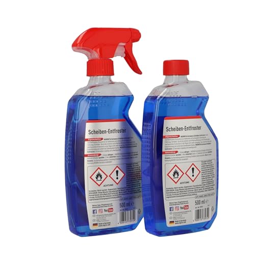 NIGRIN Sprühflasche 1x500ml + 1x500ml Nachfüllflasche, Scheiben-Enteiser-Spray, Pumpzerstäuber, wirksam bis -55° C, verhindert Wiedervereisung
