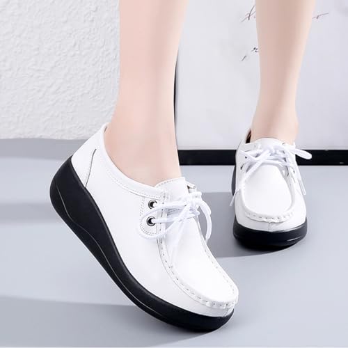 Image of Women's Leather Lace up Slip On Platform Loafers,Comfortable Arch Support Round Toe Wedge Moccasins Non-Slip Increase Height Nurse Work Shoes