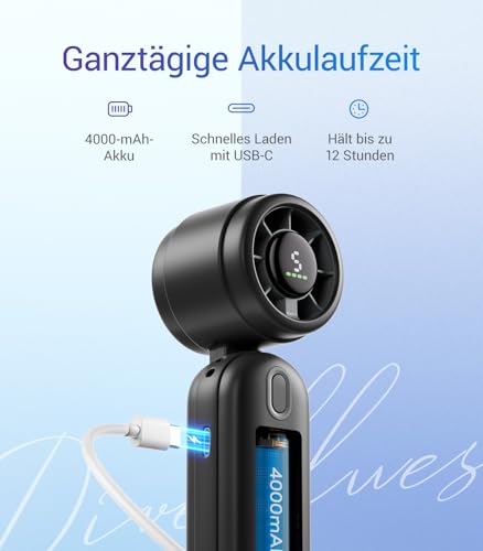 Diveblues 3-in-1 Handventilator Turbo Ventilator mit 4000mAh USB-Akku Aufladbar, 5 Stufen, Faltbar Tragbar Hand Ventilatoren, Bis zu 12H Stunden, Reise Gadgets Flugzeug, Geschenke für Frauen Männer 5