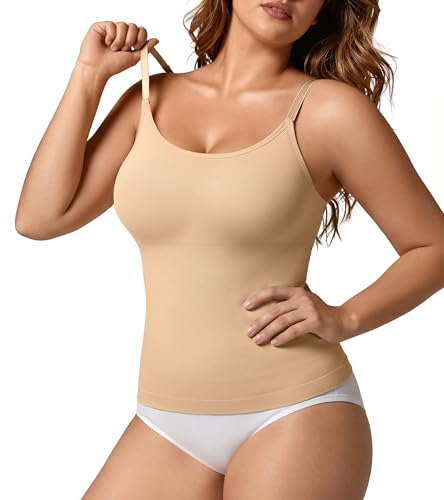 SHARICCA Cami Tank Top for Women Compression Tummy Control & Back Support Shapewear Top Basic Scoop Neck Shaping Vest Seamless Slimming Camisole with Spaghetti Straps Nude Medium