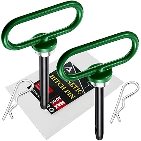 EilxMag 2 Packs Magnetic Hitch Pin, Lawn Mower Trailer Hitch Pins 1/2 Inch with Handle and Clip, Trailer Gate Pin for Mowers, Tractor Truck, Towing Cargo, ATV - Simple One Handed Hook On & Off（Green Cover