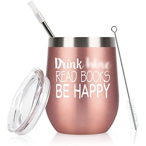 GINGPROUS Book Lovers Gifts, Drink Win Read Books Be Happy Wine Tumbler, Birthday Christmas Gifts for Book Club, Librarians, Readers, Bookworm, Friends, 12 oz Stainless Steel Wine Tumbler, Rose Gold Cover