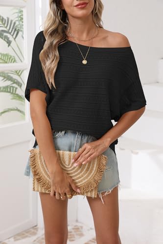 Image of Cakulo Summer Off The Shoulder Tops for Women Crochet Short Sleeve Batwing Knit Spring Oversized Sweater Top