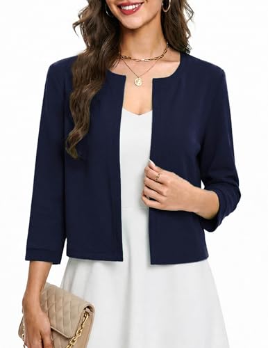 Yekaty Womens 2026 Lightweight 3/4 Sleeve Summer Shrug for Dresses Cropped Cardigan Sweater, Navy Blue, Medium
