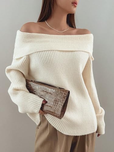Verdusa Women's Long Sleeve Loose Off Shoulder Sweater Knit Pullovers Jumper Tops4