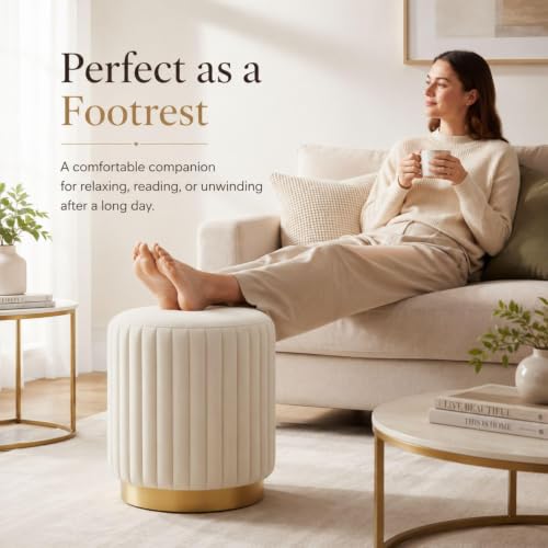 Image of Designer Velvet Round Footstool Ottoman with Sturdy Gold Metal Band Base for Home Decor & Extra Seating, Lightweight Pouf Stool for Sofa Side & Bedroom, 16x16x17 Inch (Cream)