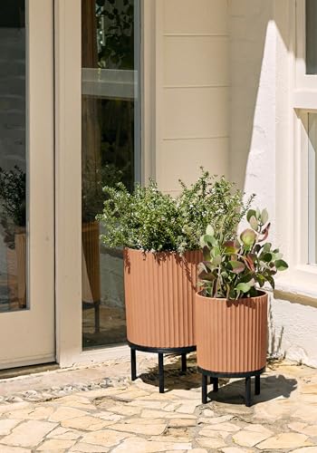 Image of Veradek Demi Series Raised Duo Planters - Set of 2 Planters with Stands | Made From a Durable Plastic-Stone Composite & Comes With Wooden Stand. Modern Porch /Patio Decor