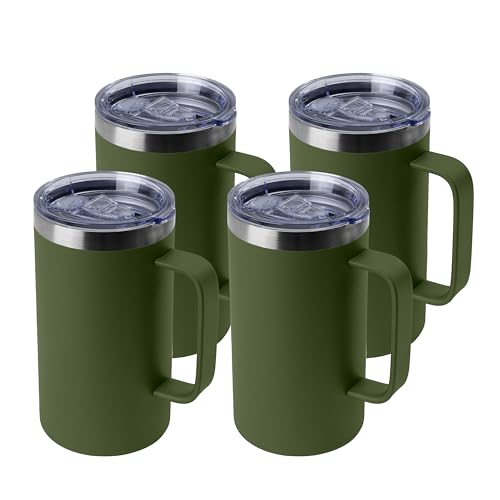 DOMICARE 24oz Mug with Handle and Lid, Stainless Steel Coffee Mug, Travel Mug with Handle, Double Wall Vacuum Coffee Tumbler, Reusable Insulated Cup, Army Green, Pack 4
